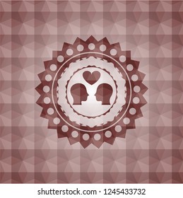 couple in love icon inside red seamless emblem with geometric pattern background.