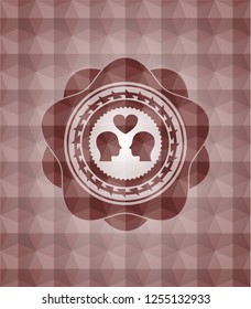 couple in love icon inside red badge with geometric pattern. Seamless.