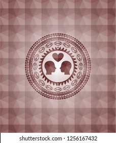 couple in love icon inside red seamless badge with geometric pattern.