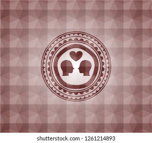 couple in love icon inside red seamless badge with geometric background.