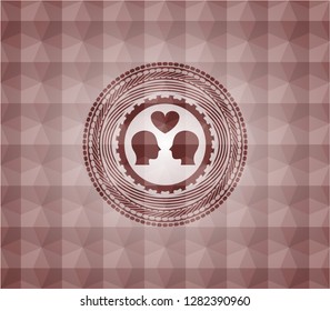 couple in love icon inside red seamless emblem or badge with geometric pattern background.