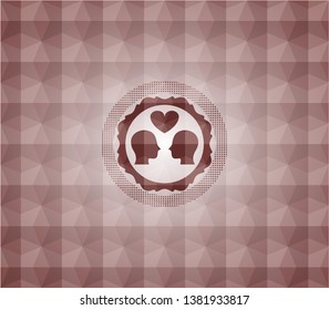 couple in love icon inside red seamless emblem with geometric background.