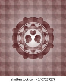 couple in love icon inside red emblem with geometric background. Seamless.