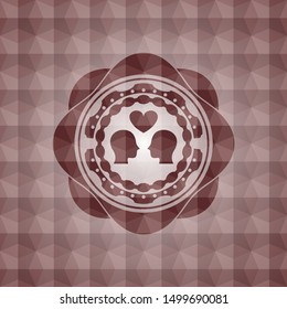 couple in love icon inside red geometric pattern emblem. Seamless.
