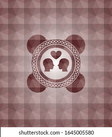couple in love icon inside red emblem or badge with geometric pattern background. Seamless.