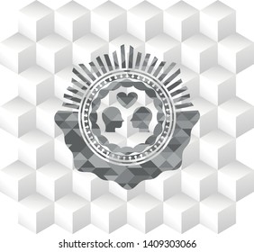 couple in love icon inside retro style grey emblem with geometric cube white background
