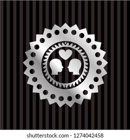 couple in love icon inside silvery emblem or badge