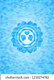 couple in love icon inside sky blue emblem with triangle mosaic background