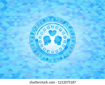 couple in love icon inside sky blue mosaic emblem