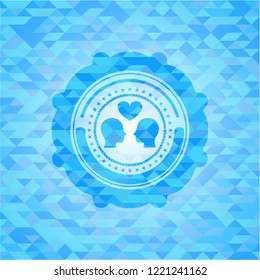 couple in love icon inside sky blue mosaic emblem