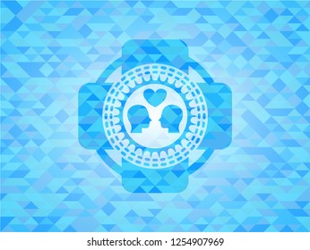 couple in love icon inside sky blue emblem with mosaic ecological style background