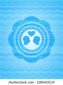 couple in love icon inside sky blue water wave style badge.