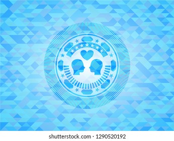 couple in love icon inside sky blue emblem with mosaic ecological style background