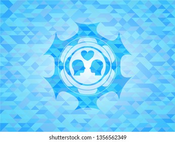 couple in love icon inside sky blue emblem with triangle mosaic background