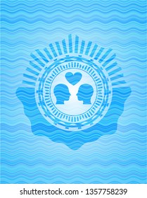 couple in love icon inside sky blue water wave emblem background.
