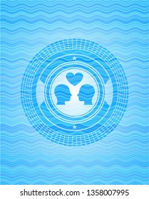 couple in love icon inside sky blue water emblem background.