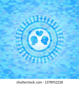 couple in love icon inside sky blue emblem with mosaic background