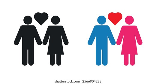 Couple with love icon set in black and colored