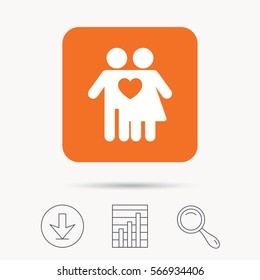 Couple love icon. Traditional young family symbol. Report chart, download and magnifier search signs. Orange square button with web icon. Vector