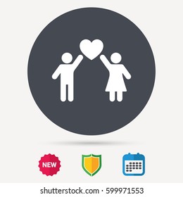 Couple love icon. Traditional young family symbol. Calendar, shield protection and new tag signs. Colored flat web icons. Vector
