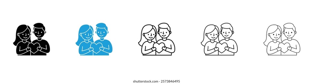 Couple with love icons in filled and 3 stroke weights