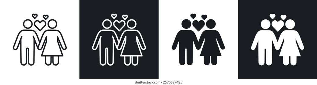 Couple with love icons vectors set in black. line and flat versions