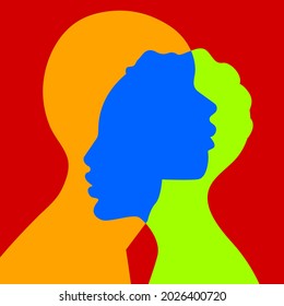 Couple in love illustration. Abstract profiles of faces of man and woman. Poster with silhouettes of girl and guy.