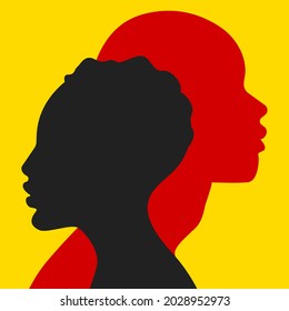 Couple in love illustration. Abstract profiles of faces of man and woman. Poster with silhouettes of girl and guy.