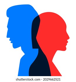 Couple in love illustration. Abstract profiles of faces of man and woman. Poster with silhouettes of girl and guy.