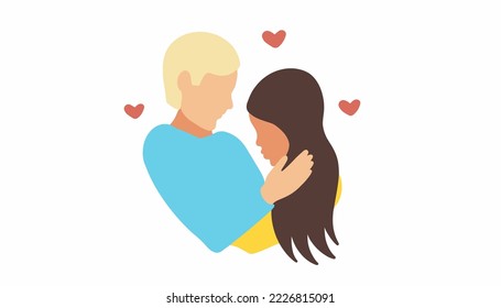 A couple in love illustration for Valentine's Day. A blond man embraces a dark-haired girl, hearts are flying around them. For postcards, posters, banners, flyers