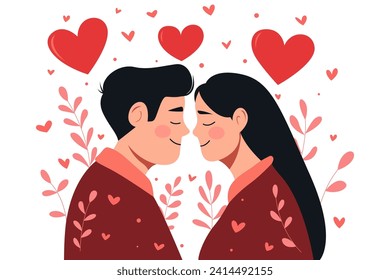 couple in love, illustration for Valentine's Day, love concept, hearts, romance, cartoon characters,   card