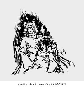 The couple in love. Ink graphic drawing. Japanese style. Kitsune men. 