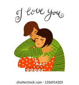 Couple in love isolated on a white background with text. Flat cute design vector illustration.