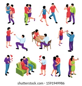 Couple in love isometric icons set with dating hugging kissing messaging hearts proposing dining together vector illustration 