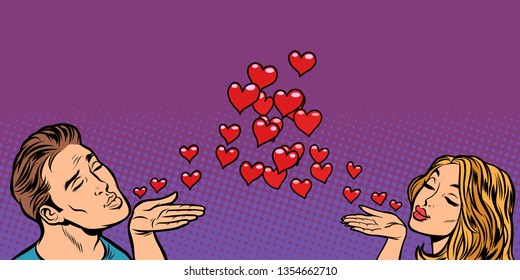 couple in love kiss... with hearts. Comic cartoon pop art vector retro vintage drawing