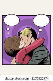 Couple in Love, Kisses and Hugs Vector Comic Book Style Illustration