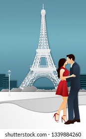 Couple love kissing with Eiffel tower background graphic vector