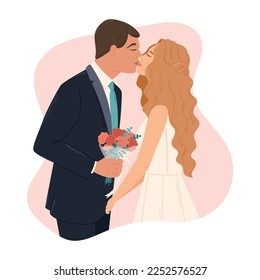 Couple in love kissing, the groom in a suit and the bride in a wedding dress. Vector isolated cartoon illustration.
