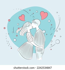 couple in love kissing. Line illustration of young people on Valentine day