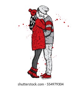 Couple in love. Kissing man and woman in winter clothes. Vector illustration for a card or poster.