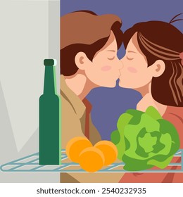 A couple in love kissing next to an open refrigerator. Bottle with oranges and cabbage inside the refrigerator.