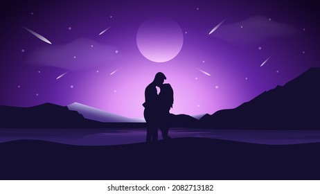 Couple in love kissing under the starry sky. Vector illustration.