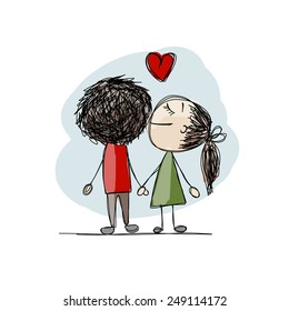 Couple In Love Kissing, Valentine Sketch For Your Design, Vector Illustration