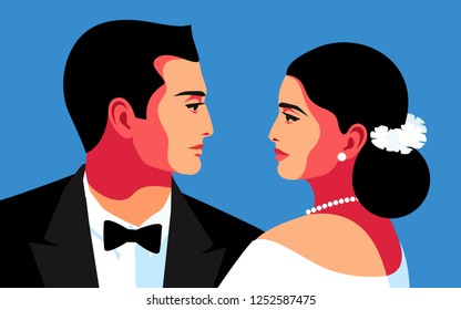 Couple in love, lady and gentleman, bride and groom, face to face. Male and female close-up portraits, side view. Vector illustration