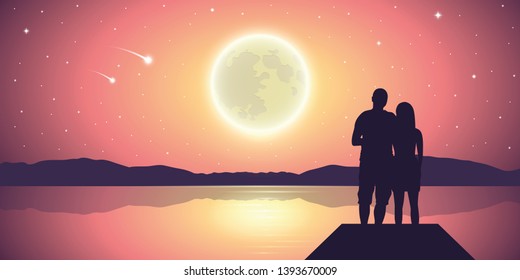 couple in love at the lake with full moon and falling stars purple landscape vector illustration EPS10