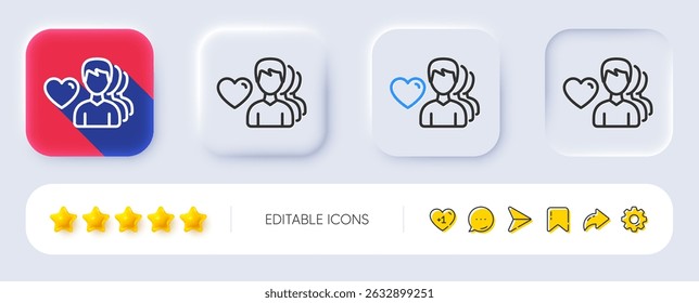 Couple Love line icon. Neumorphic, Flat shadow, 3d buttons. Group of Men sign. Valentines day symbol. Line man love icon. Social media icons. Vector