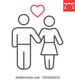 Icono de la pareja en línea de amor, día de San Valentín y corazón, icono vectorial de los amantes, gráficos vectoriales, símbolo de contorno de trazo editable, eps 10.