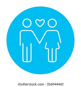 Couple in love line icon for web, mobile and infographics. Vector white icon on the light blue circle isolated on white background.