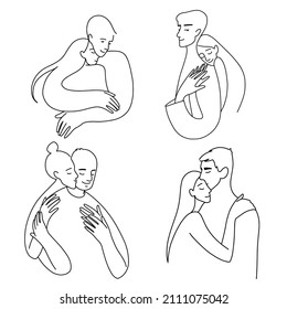 Pareja en la línea de amor vector colección minimalista, ilustración del conjunto de amor, abrazos y besos de hombre y mujer, be mine valentine, 14 de febrero