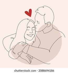 Couple in love in a linear style. Modern picture for Valentine's Day. Abstract shapes. Painting in the interior.